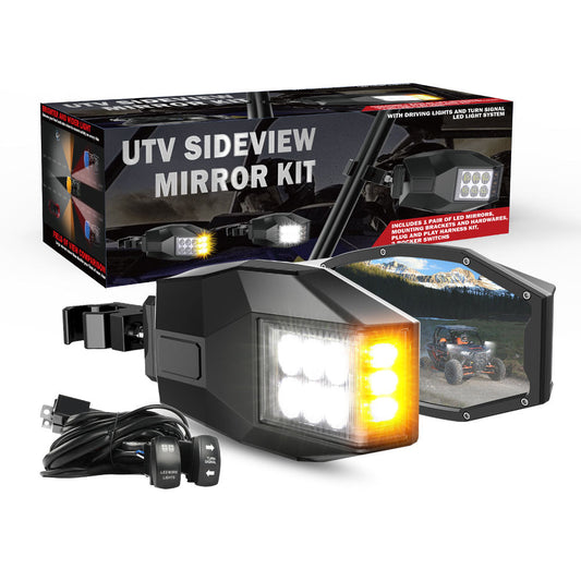 Universal UTV Side Mirrors with Integrated LED Lights and Amber Turn Signals (Pair)