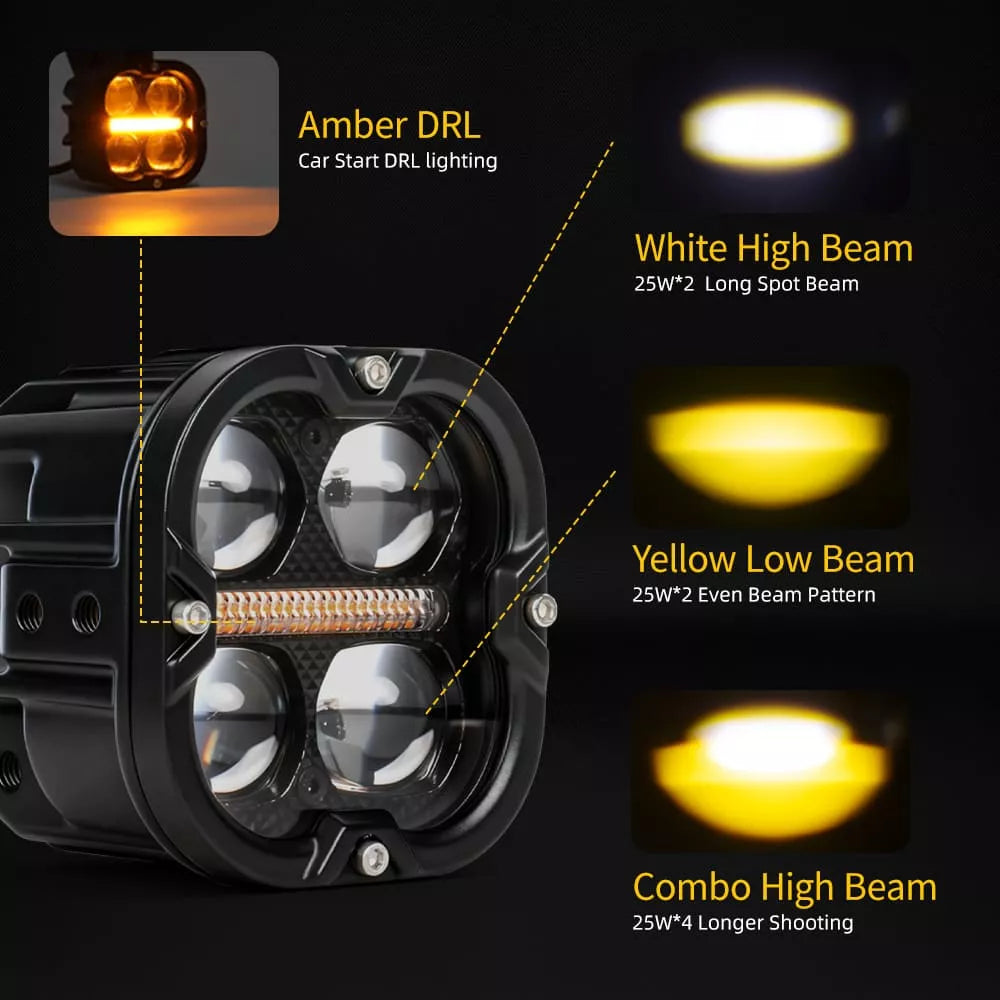 3" Dual-Beam LED Light Pod Kit with Yellow DRL light